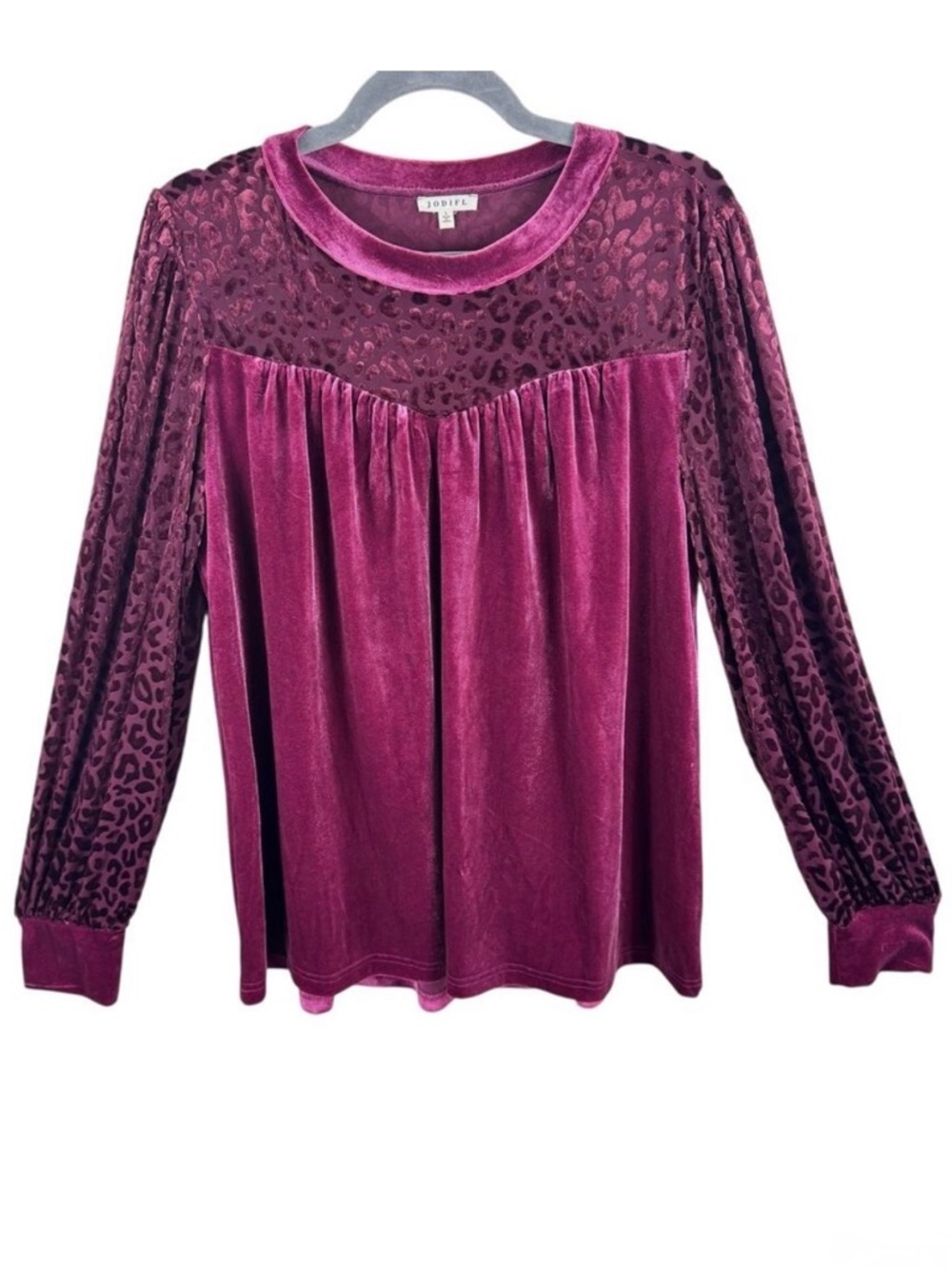 JODIFL Burgundy Velvet Burnout Leopard Long Sleeve Blouse Size L